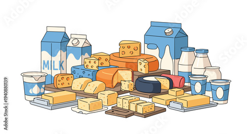A vast and diverse assortment of dairy products, including milk cartons, cheese blocks, butter, and yogurt, is arranged on wooden boards.