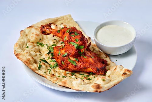 Spicy Tandoori Chicken Leg with Naan Bread and Yogurt Dip