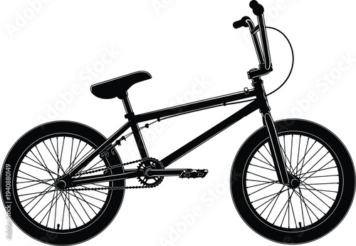 BMX bicycle silhouette illustration, black white freestyle bike side view for extreme sports, cycling, urban lifestyle graphic design