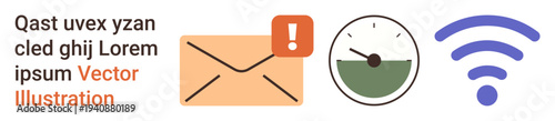 Digital communication, internet connectivity, mobile notifications, time management, alert systems, online messaging. Envelope with alert, clock symbol and wireless icon. Digital communication