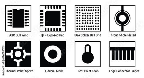 Printed circuit board component symbols detailed vector collection, including SOIC, QFN, BGA, plated hole, thermal, loop, and edge connector
