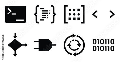 Programming code silhouette icons set. Terminal, braces, matrix, tags, flowchart, logic gate, process cycle, binary code.