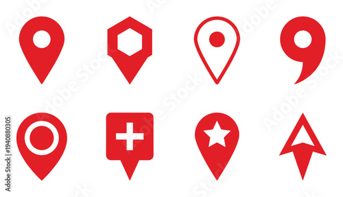 Red map pin icon set: location, marker, pointers, navigation, gps and destination symbol illustration isolated on white background