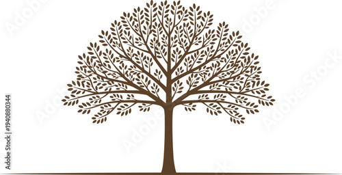 Brown leafy tree illustration with detailed branches and foliage forming symmetrical nature design isolated on white background artwork