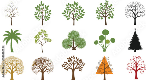 Collection of diverse tree illustrations showing different styles seasons and shapes including palm pine deciduous and abstract botanical designs