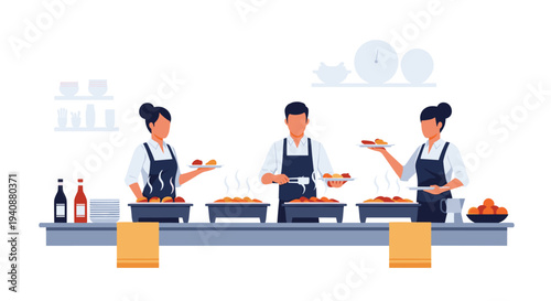 Three chefs, two women and one man, are actively serving hot food from chafing dishes onto plates along a buffet line.