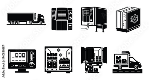Refrigerated Trailer Icons Set: Truck, Air Conditioner, Control Panel, Food Transportation and Delivery Vehicles