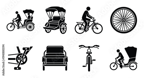 Rickshaw vector set icons. Silhouette of auto rickshaw, bicycle rickshaw, tricycle, wheel, seat, and handlebars isolated on white