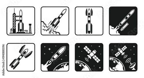 Rocket launch stages vector illustration featuring payload, space satellite deployment, from launchpad to orbit, depicting mission phases