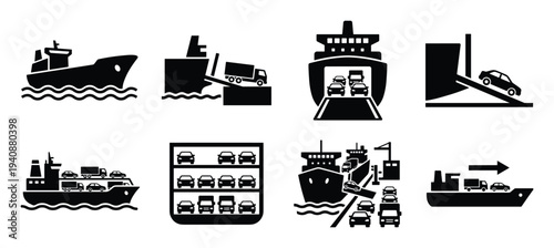Roll-on/roll-off ship vector icons set, various cargo, loading, and transportation scenarios, isolated flat design for sea freight, shipping.