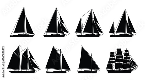 Sail plan rig icons collection showing different types of sailboats and ships with various sail configurations in black silhouettes.