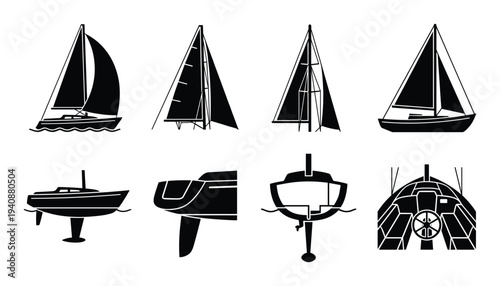 Sailboats vector set, various boat sails, masts, hull shapes. Sailing boat designs, nautical, transportation, vessel, voyage