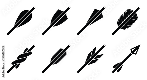 Silhouette archery arrow fletchings collection. Detailed vector set of traditional and modern arrows for hunting and sport