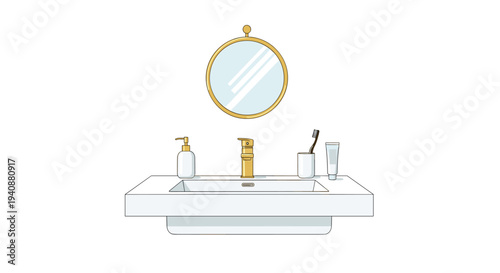 A minimalist bathroom vanity with a white rectangular sink, golden faucet, and round mirror is shown on a white background.