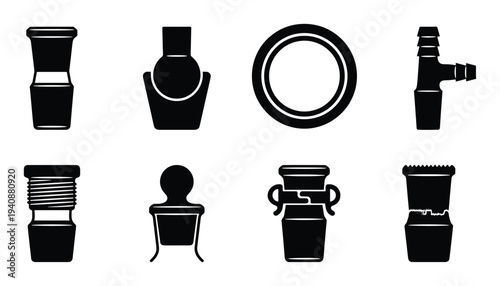 Silhouette collection of chemical laboratory glassware connectors and adapters for scientific equipment and experiments