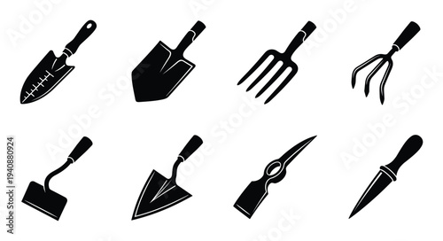 Silhouette collection of gardening trowel tools: hand trowel, spade, fork, weeder, hoe, and dibber in detailed vector design