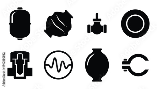 Silhouette collection of hydraulics components, accumulators, valves, connectors, and gauges vector illustration