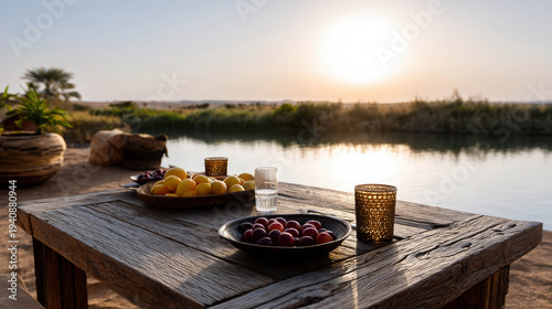 Serene Sunset Feast: A wooden table laden with fresh fruit, candles, and glassware is set against a tranquil waterside scene during the golden hour, inviting a moment of peace and enjoyment.