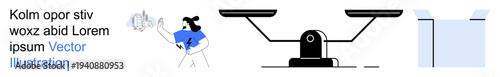 Business decision making, technology innovation, balance, analysis, packaging, strategic planning. Female figure with tech elements, scales and box. Business decision making and technology