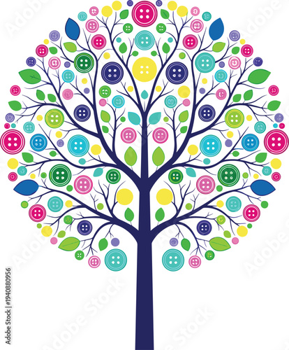 Colorful decorative tree illustration with button shaped ornaments and leaves forming playful artistic botanical design isolated on white background