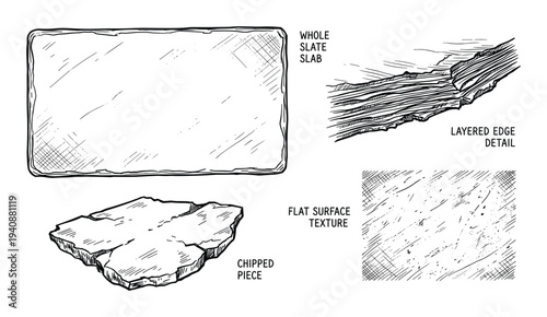 Slate Slab Collection Illustration: Whole, Layered Edge, Chipped Piece, Flat Surface Texture Detailed Line Art Sketch