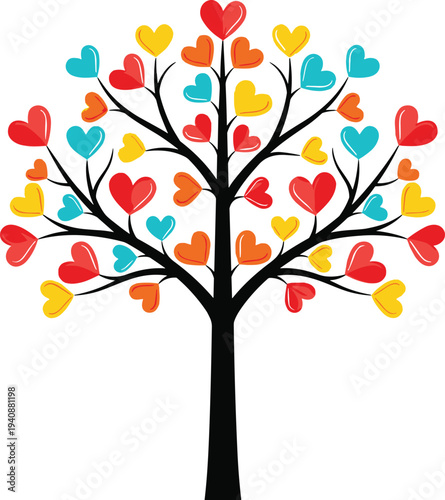 Colorful heart tree illustration with black trunk and vibrant heart leaves, romantic love concept design for Valentine’s Day celebrations