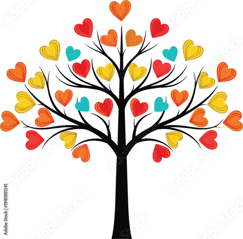 Colorful heart tree illustration with black trunk, vibrant love symbols, playful romantic design for Valentine’s Day and celebration themes