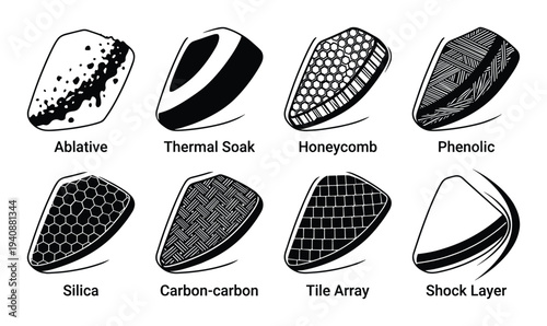 Space Capsule Heat Shield Icons Set: Ablative, Thermal Soak, Honeycomb, Phenolic, Silica, Carbon-carbon, Tile Array, Shock Layer