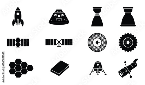 Spacecraft vector set featuring rocket, engine nozzles, satellite, panel, honeycomb, and lander in silhouette style