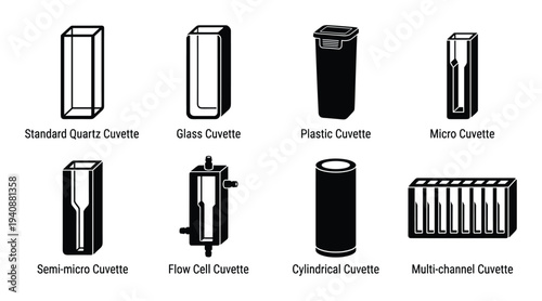 Spectrophotometer Cuvette Types Vector: Quartz, Glass, Plastic, Micro, Flow Cell, Semi-Micro, Cylindrical and Multi-Channel