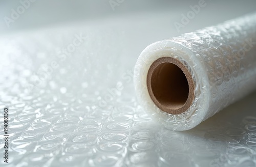 Roll of clear bubble wrap lies on a surface. Its air-filled pockets provide cushion for shipping delicate items. The material is transparent plastic film.