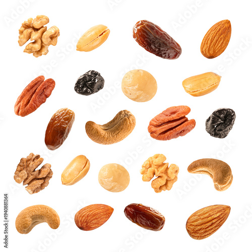 collection of mixed nuts, cashew nuts, almonds, walnuts, pecans, and raisins. Ideal for healthy snack,  nut branding, and nutritious energy food .