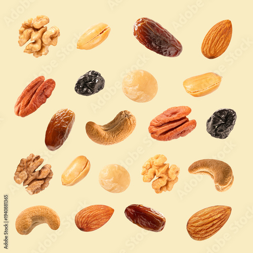collection of mixed nuts, cashew nuts, almonds, walnuts, pecans, and raisins. Ideal for healthy snack,  nut branding, and nutritious energy food .