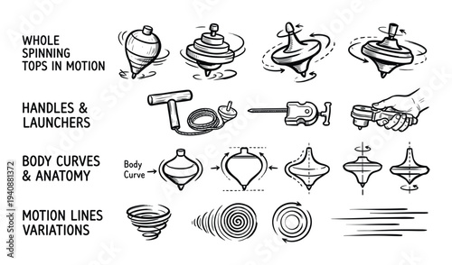 Spinning top design set illustration, motion lines variations, body curves, launchers, and handles drawing vector