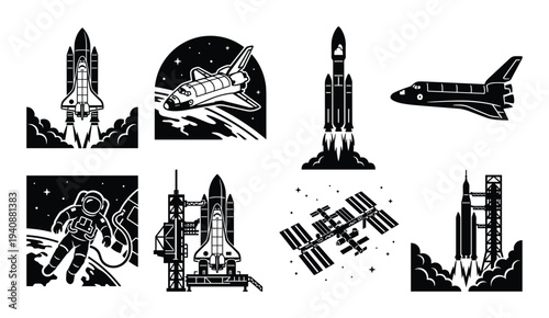 Space shuttle vector set featuring orbiter, astronaut, international space station, and rocket launch design elements