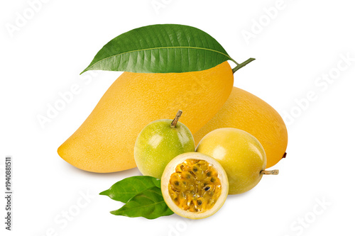 Ripe Yellow Mangoes with Fresh Passion Fruit Isolated on White, tropical fruit , healthy juice packaging, and summer dessert.