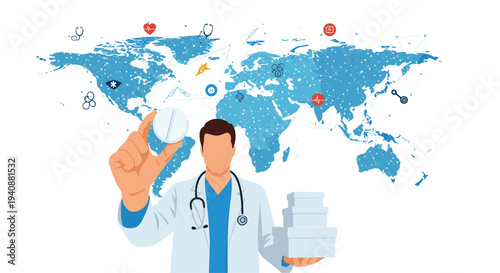 A male doctor is holding a large white pill and a stack of boxes in front of a blue world map with medical icons.