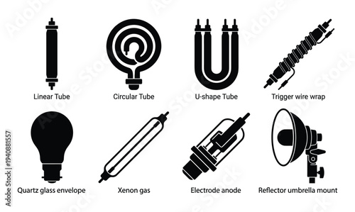 Strobe flash bar collection vector set featuring linear tube, circular, u-shape tubes, trigger, xenon, and reflector umbrella mount.