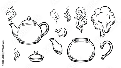 Teapot set illustration black and white vector drawing. Teapot, cups, steam hand-drawn design elements for tea drinking