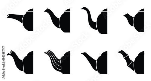 Teapot spout profiles icons set, various spout styles, black teapots halves, tea kettle designs collection isolated.