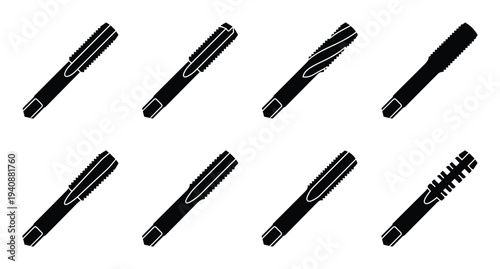 Thread tap cutting flute icons set. Taper, plug, bottoming taps. Machine screw thread. Hand tool. Thread cutting tool
