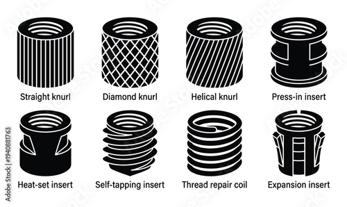 Threaded insert types: straight, diamond, helical knurl, press-in, heat-set, self-tapping, repair coil and expansion inserts.
