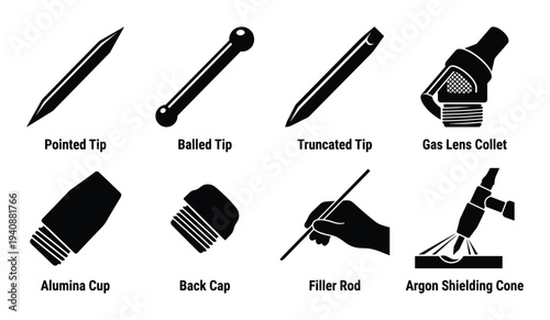 TIG Welding Torch Parts Silhouette Collection: Tips, Collet, Cup, Cap, Rod, Shielding Cone Detailed Vector Graphic