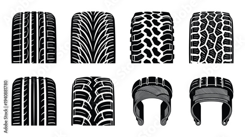 Tire tread pattern and wear indicator vector icons. Automotive wheels design, vehicle tyres, protector types and helmets