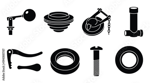 Toilet flush valve parts collection including float ball, flapper, gasket, bolts and other replacement components.