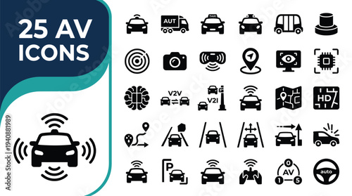 Collection of 25 autonomous vehicle icons representing technology and transport.
