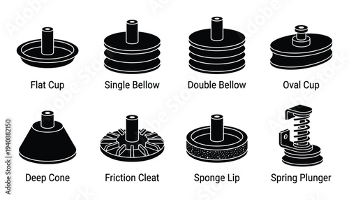 Vacuum Suction Cup Bellow Types Icons Collection: Flat, Single, Double, Oval, Cone, Friction, Sponge, Spring Plunger