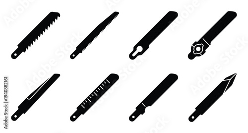 Various saw blades icons vector set, different types of jigsaw blades for wood, metal, and universal cutting purposes