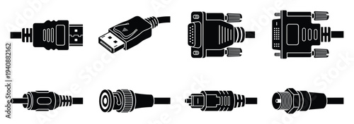 Various audio video cable plug connector icons, HDMI, DisplayPort, VGA, DVI, RCA, BNC, Toslink, and F-connector designs