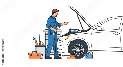 A male mechanic in blue overalls stands next to a white car with an open hood, holding a wrench and gesturing towards the engine.